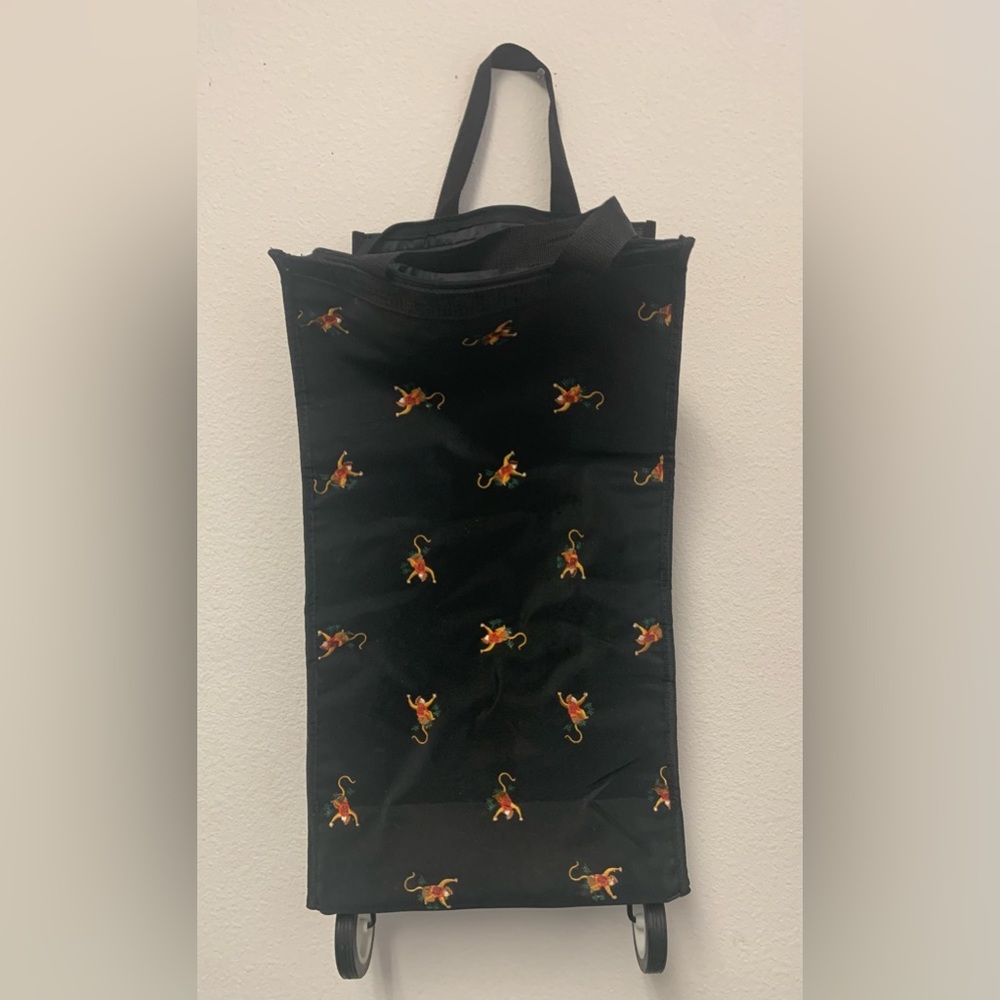 Rolling Tote Black Bag Monkey Motif Shopping Travel With Wheels and Hook Stand